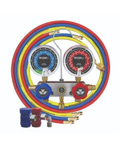 Mastercool R1234yf 2-Way Piston Valve Manifold Gauge Set (83272) featuring two large anti-flutter gauges labelled for R1234yf, with blue and red dials displaying PSI, Bar, and temperature scales. The manifold has blue and red easy-grip knobs, a central si