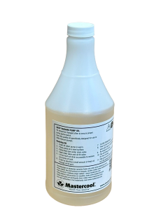 Alt text: A 128oz (1 gallon) bottle of Mastercool Vacuum Pump Oil with a white cap, featuring a white label with black and red text. The label includes instructions for use, such as draining when warm and checking the oil level, along with the Mastercool 