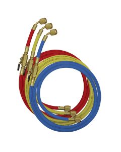 Three coiled Mastercool 90262-36 high-pressure HVAC hoses in blue, yellow, and red, each with 1/4" SAE manual shut-off valve fittings and knurled brass nuts, designed for professional refrigerant handling.