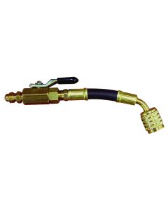 Mastercool 90411 Flex Adapter with Ball Valve, featuring a 1/4-inch SAE to 5/16-inch SAE swivel connection, black hose, brass fittings, and a black-handled ball valve, is designed for R410A HVAC systems.
