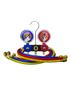 Mastercool 93636-EB1 2-Way Aluminum Manifold Gauge Set with Class 1.0 gauges, featuring two 80mm gauges with protective boots, blue and red piston valves, and three 90 cm charging hoses in red, blue, and yellow, coiled neatly with brass fittings, and a ha