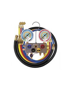 Mastercool 4-Way Manifold Gauge Set with two 80mm gauges (blue low-side and red high-side), four colour-coded hoses (red, blue, yellow, and black), brass fittings, and a central aluminium manifold with labelled valves (LOW, VAC, REF, HIGH), designed for H