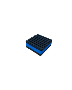 A square foam block with a blue base and a black, ribbed top surface, set against a solid black background.
