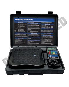 Mastercool Electronic Refrigerant Charging Scale in a black carry case with operating instructions. It features a digital display with colorful buttons and a coiled cable, alongside a close-up of the scale's platform with adjustable feet.