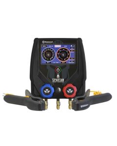 A Mastercool Spartan Smart Manifold device is shown, featuring a digital display with two pressure gauges (7 bar and 14.3 bar) and temperature readings (15.6°C SAT TEMP, 23.9°C CH TEMP). The device has blue and red valves, two clamp probes, and a power bu