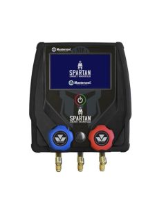 Mastercool 99926-BT Spartan 2-Way Smart Manifold, a black HVAC diagnostic tool with a 4.3” colour touchscreen LCD displaying 'Spartan Smart Manifold' and the Mastercool logo, featuring a green power button, blue and red valve knobs with the Mastercool log