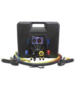 Mastercool Spartan 4-Way Smart Manifold 99943-BT with Bluetooth, including digital display, blue, red, and yellow hoses, K-type thermocouple clamps, and a black carrying case, ideal for HVAC diagnostics on airconspares.com.