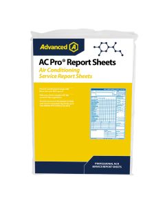 Aspen Pumps AC-Pro Air Conditioning Service Report Sheets packaging features a white background with a yellow and blue design, an Advanced Engineering logo, and a sample report sheet with F-Gas compliance details.