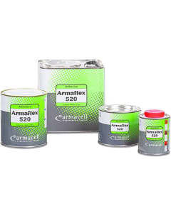 Four cans of Armaflex 520 Adhesive in various sizes (0.25L, 0.5L, 1.0L, and 2.5L) are displayed against a white background. The cans feature the Armacell logo and "Armaflex 520" branding on green and white labels, showcasing their range for bonding pipe i