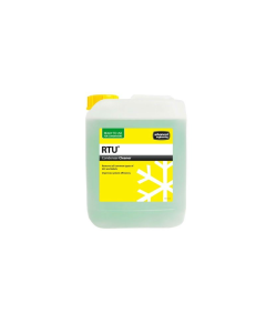 Aspen Pumps RTU CC Condenser Cleaner is a 5L bottle with a yellow cap and a green label with "Ready to Use for Condensers" and "RTU Condenser Cleaner" text. It is designed to remove dirt and debris while improving system efficiency.
