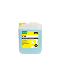 A 5-litre RTU Evaporator Cleaner & Disinfectant bottle by Aspen Pumps, featuring a light blue liquid inside a translucent container with a yellow cap. The label is yellow with black and green text, highlighting "READY TO USE FOR EVAPORATORS," "RTU Evapora