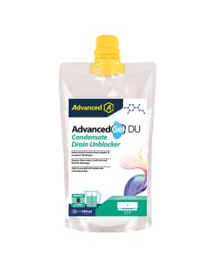 A 490ml pouch of AdvancedGel DU Condensate Drain Unblocker by Aspen Pumps, featuring a yellow cap and a white packet with blue and green text. The label highlights its heavy-duty formula for clearing organic and inorganic blockages, its water-heavier desi