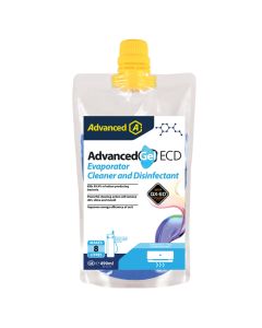 A product pouch for "AdvancedGel ECD Evaporator Cleaner and Disinfectant" by Advanced A1, featuring a yellow cap and a transparent body. The label highlights that it kills 99.9% of odour-producing bacteria, offers powerful cleaning action to remove dirt, 