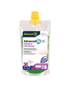 This is an image of AdvancedGel UC Universal Coil Cleaner, a 490ml gel pouch with a yellow cap featuring the Aspen Pumps branding. The label highlights its powerful and effective cleaning against everyday dirt, including dust, lint, and grease, with a bio