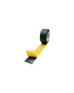 Roll of black Armaflex self-adhesive tape with yellow backing partially unrolled, showing the adhesive side, isolated on a white background.