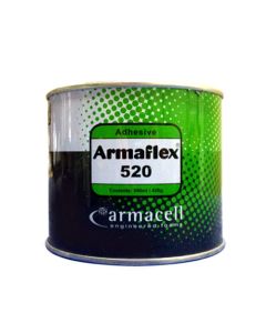 The image shows a can of ArmaFlex 520 adhesive, a product by Armacell, designed for engineered foam applications. The can has a green and black colour scheme with a label indicating a content volume of 500 ml (1.42 oz). This adhesive is likely used for bo