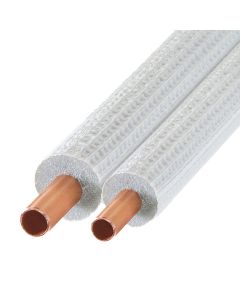 Close-up of Tubolit DuoSplit DZC-061088/E25 pre-insulated copper pipes, showcasing 1/4" and 3/8" copper pipes with 9mm thick white polyethylene foam insulation and a durable outer coating, highlighting the insulation thickness and copper pipe ends.