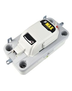 Aspen Max Hi-Flow Condensate Removal Pump in white and grey. It features a rectangular tank design with multiple inlet ports and a discharge tube. The pump has a label on top displaying 'Aspen Pumps Max Hi-Flow' in black and yellow text, and a built-in sp