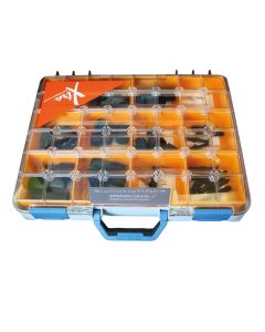 Clear plastic organiser box with orange dividers containing assorted air conditioning condensate management accessories from Aspen Xtra, labelled with the Xtra brand and Aspen Pumps website on the front.