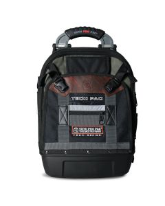 A black Veto Pro Pac Tech Pac tool backpack with a rugged design, featuring a sturdy handle, adjustable straps, and multiple pockets. The bag has a waterproof base, a brown leather accent with the Veto logo, and a label that reads "Veto Pro Pac Toolbags T