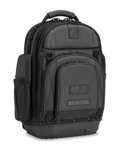 A black Veto Pro Pac EDC PAC LCB Carbon everyday carry backpack with a rugged design, featuring a sturdy handle, multiple pockets, and a waterproof base with 5" wheels. Includes a trolley system and carbon finish, ideal for HVAC/R professionals.