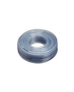 A coil of RVT-3/8 braided vinyl tubing, featuring a clear, flexible hose with a blue-tinted braided reinforcement, neatly rolled into a circular shape against a white background.
