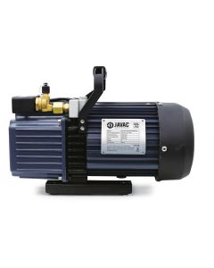 Javac Bulldog A2L Spark-Proof Dual Voltage Vacuum Pump with A2L certification label, featuring a blue and black design with brass fittings and ergonomic handle for HVAC applications.