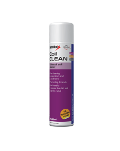 Aerosol can of Coil Clean universal coil cleaner, 600ml, with purple label, designed for cleaning evaporators and condensers, featuring a fast-acting, fin-friendly formula that removes dirt without damaging metal, labeled for professional use only.