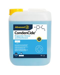 A 5-litre bottle of CondenCide Evaporator Cleaner and Disinfectant by Advanced. The bottle is light blue with a yellow cap. The label features the Advanced logo, a chemical structure image, and text stating it removes dirt, slime, and mould buildup, leavi