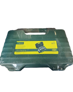 A green plastic case containing the REFCO TW-8 Torque Wrench Kit, wrapped in clear plastic. The yellow label on the case reads "TW-8" and "Torque Wrench Set," with an image of the kit showing seven interchangeable wrench heads.