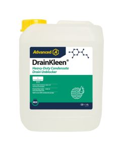 A white 5L plastic container of DrainKleen Heavy-Duty Condensate Drain Unblocker from Advanced. The label features a green and blue design with the product name in bold black text, a molecular structure graphic, and key features: "Heavy-duty formula clear