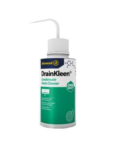 This is a 250ml bottle of DrainKleen One Shot condensate drain cleaner with a swan-neck spout. It features a white cap and a green label. The label includes the Advanced logo, product name "DrainKleen Condensate Drain Cleaner ONE SHOT," and text highlight