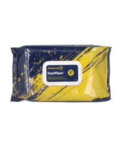 Pack of 100 EasyWipes Advanced Professional Hand and Surface Wipes in a resealable blue and yellow pouch with splash design, labelled for cleaning hands, surfaces, and tools, part number S010151GB-1