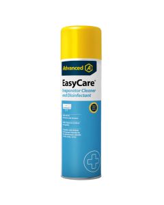 EasyCare 600ml Aerosol Evaporator Cleaner and Disinfectant can with yellow cap and blue label features Advanced Engineering branding. Text highlights that it kills 99.9% of bacteria and viruses, improves indoor air quality, and complies with British and E