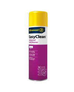 A 600ml aerosol can of EasyClean Universal Coil Cleaner by Advanced, featuring a yellow top and a purple body. The label includes the product name, a logo, and text stating it attacks only dirt, not the coil, with a convenient high-powered aerosol suitabl