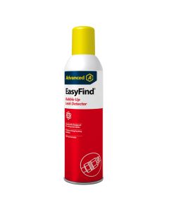 A 400ml aerosol can of EasyFind® Bubble Up Leak Detector by Advanced Engineering Ltd. The can features a red body with a yellow cap, a blue label with the Advanced logo, and text highlighting its use for detecting refrigerant leaks, producing long-lasting