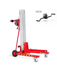 A red GUIL TORO A-102/C Material Lifter with a silver aluminium mast, featuring a hand-crank winch, large non-marring wheels, and stabiliser legs with castors. The lifter has a maximum height of 4.1 meters and a 170 kg load capacity. The inset image shows