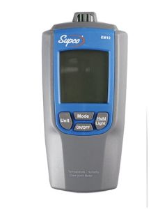 Supco EM10 Temperature, Humidity & Dew Point Meter - front view showing backlit LCD display and control buttons