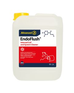 A 5-litre container of EndoFlush Internal Coil and System Cleaner, featuring a white bottle with a yellow cap. The label includes the brand "Advanced" with a chemical structure graphic, and a red section highlighting the product name "EndoFlush Internal C