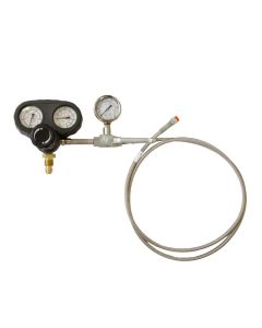 Image of the Javac Nitrogen Pressure Testing Rig (RS-750-RIG) featuring a dual-gauge regulator with black and white dials, a brass connector, a metallic valve, and a coiled stainless steel hose with a red-tipped end, isolated on a white background.