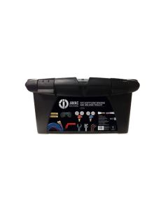 Black plastic case containing the JAVAC Oxy-Acetylene Brazing and Welding Toolkit, featuring a label with the JAVAC Edge logo, images of the toolkit components including regulators, torch, hoses, goggles, and nozzles, and text describing the product as a 
