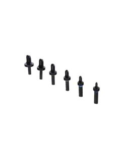 A set of seven black SPIN tool heads of varying sizes, each with a circular base and a tapered flaring tip, arranged in a row on a white background. Two of the tool heads have blue accents near the base.