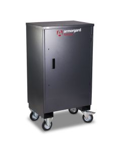 Armorgard FittingStor FC2 mobile storage cabinet in Black Grey (RAL 7021), featuring a sturdy steel construction with a powder-coated finish, four heavy-duty castors (two with brakes) for mobility, and a secure door with a 5-lever deadlock system. The cab