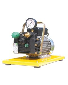 Yellow-based Aspen Pumps HydroPump Flushing Pump with a black diaphragm pump, pressure gauge, green cap, and brass fittings designed for HVAC refrigerant circuit flushing.