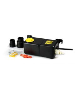 Aspen Mini Tank Pump with accessories, including a black pump unit with a yellow cap, labeled 'Aspen Pumps,' alongside mounting fittings, screws, and a red valve, all on a white background.