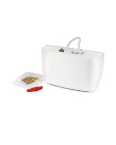 Mini Blanc FP1080/2 Condensate Pump with white housing, attached tube, and included accessories, including screws, wall plugs, and a red connector, isolated on a white background.