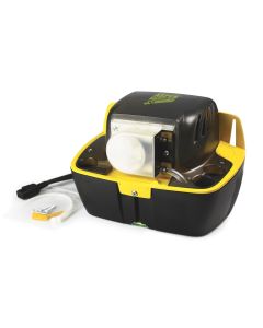 Aspen Hi-Lift 1l Condensate Tank Pump FP2099/2 with accessories, featuring a black and yellow design, transparent clean tray, and built-in spirit level for air conditioning units.