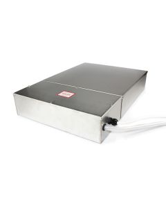 Aspen Cold Cabinet Condensate Pump, stainless steel housing with white outlet hose, designed for retail refrigeration defrost water removal. It features a robust, sleek design with an "Isolate Before Removing Lid" label and is available at AirconSpares.