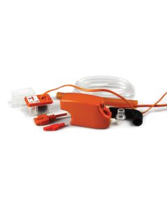 Product image of the Aspen Maxi Orange condensate pump kit (model FP2210), featuring the compact orange pump unit with attached power cable, transparent plastic reservoir and sensor housing, submersible secondary reservoir, anti-siphon device, float and f