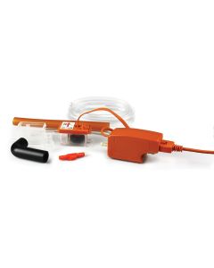The Aspen Mini Orange Condensate Removal Pump kit is displayed on a white background. The kit includes an orange pump unit with a power cable, a transparent reservoir with a float, a black elbow connector, two red plastic fittings, a length of clear tubin